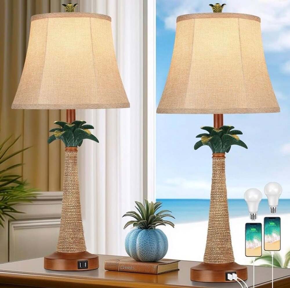 Hamucd Coastal Beach Palm Tree Table Lamps Set of 2 With USB Ports